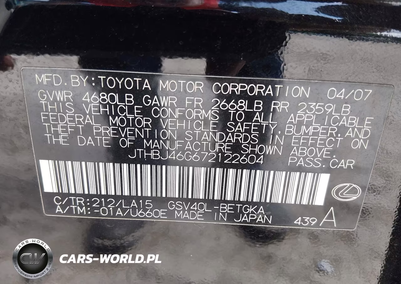 2007 Lexus Es 350 VIN:JTHBJ46G672122604 - 9
