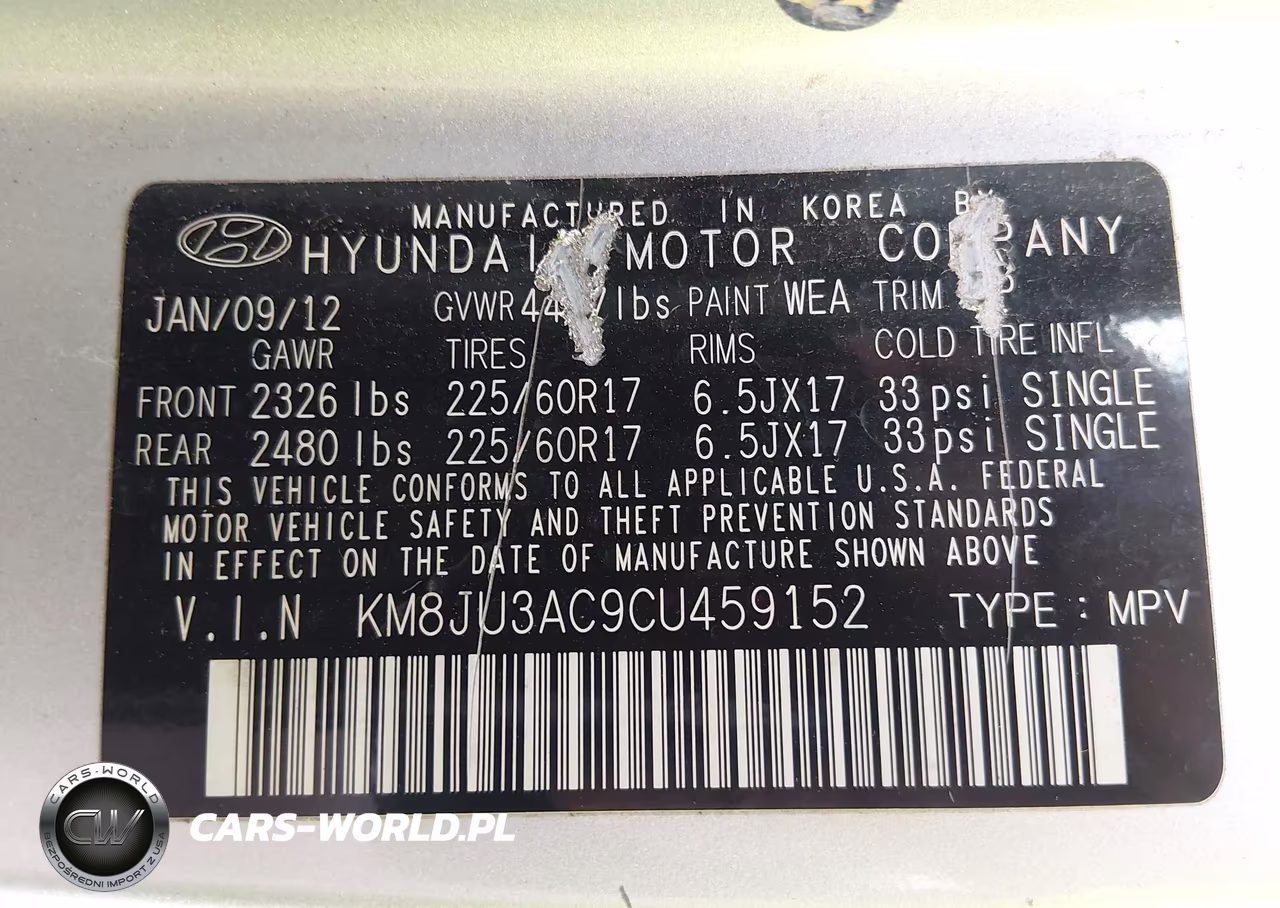2012 Hyundai Tucson Gls VIN:KM8JU3AC9CU459152 - 9