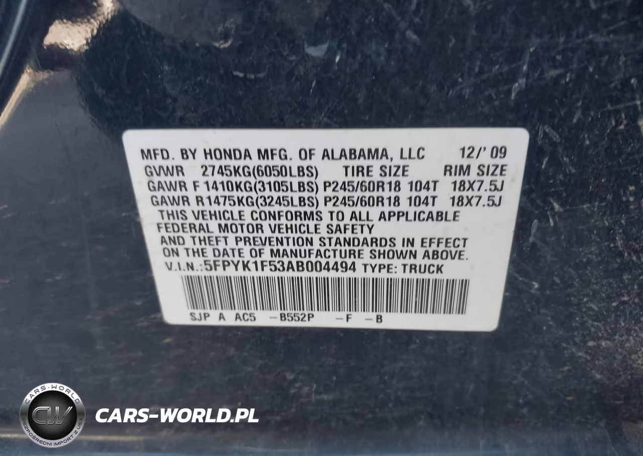 2010 Honda Ridgeline Rtl VIN:5FPYK1F53AB004494 - 9