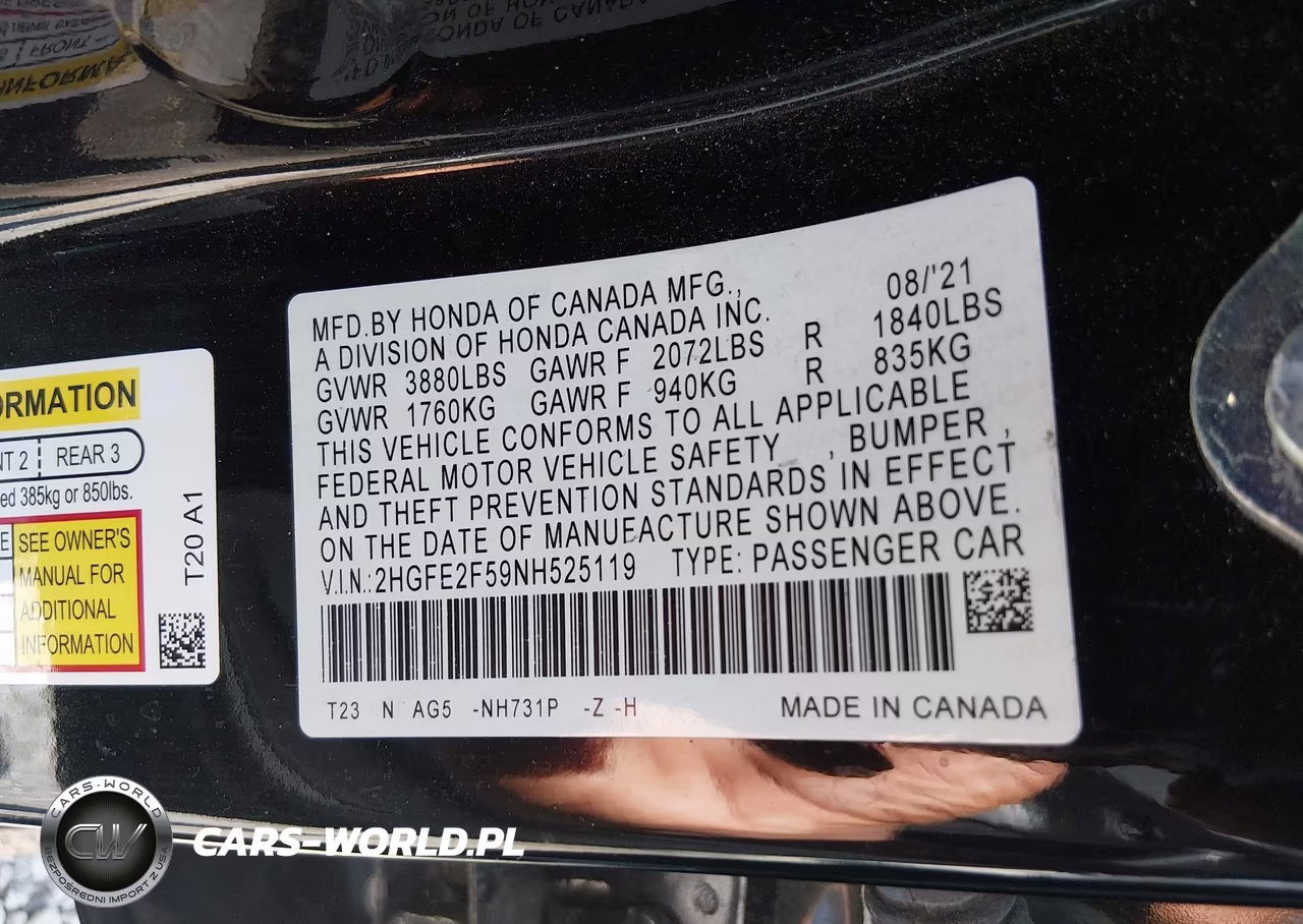 2022 Honda Civic Sport VIN:2HGFE2F59NH525119 - 9