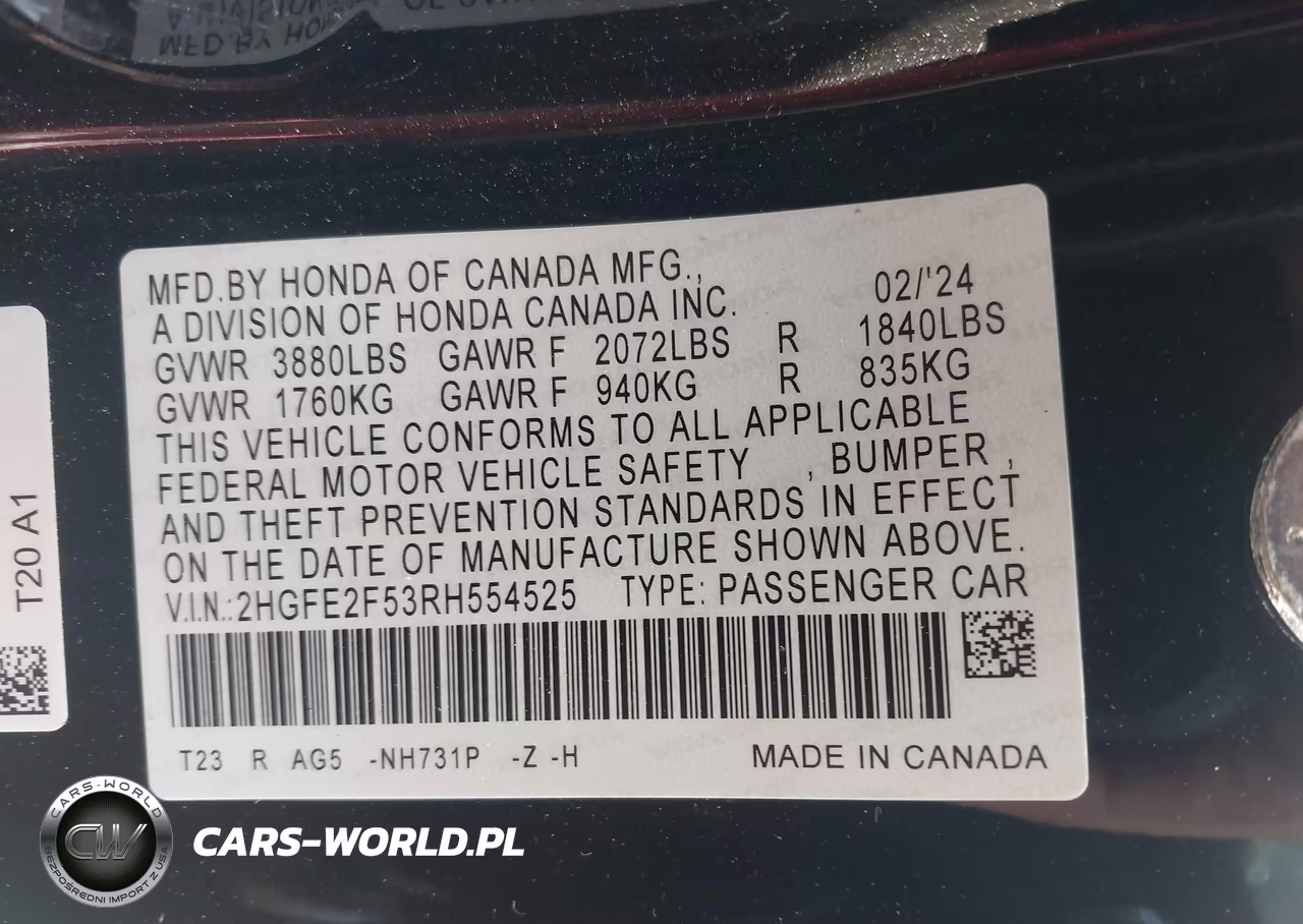 2024 Honda Civic Sport VIN:2HGFE2F53RH554525 - 9