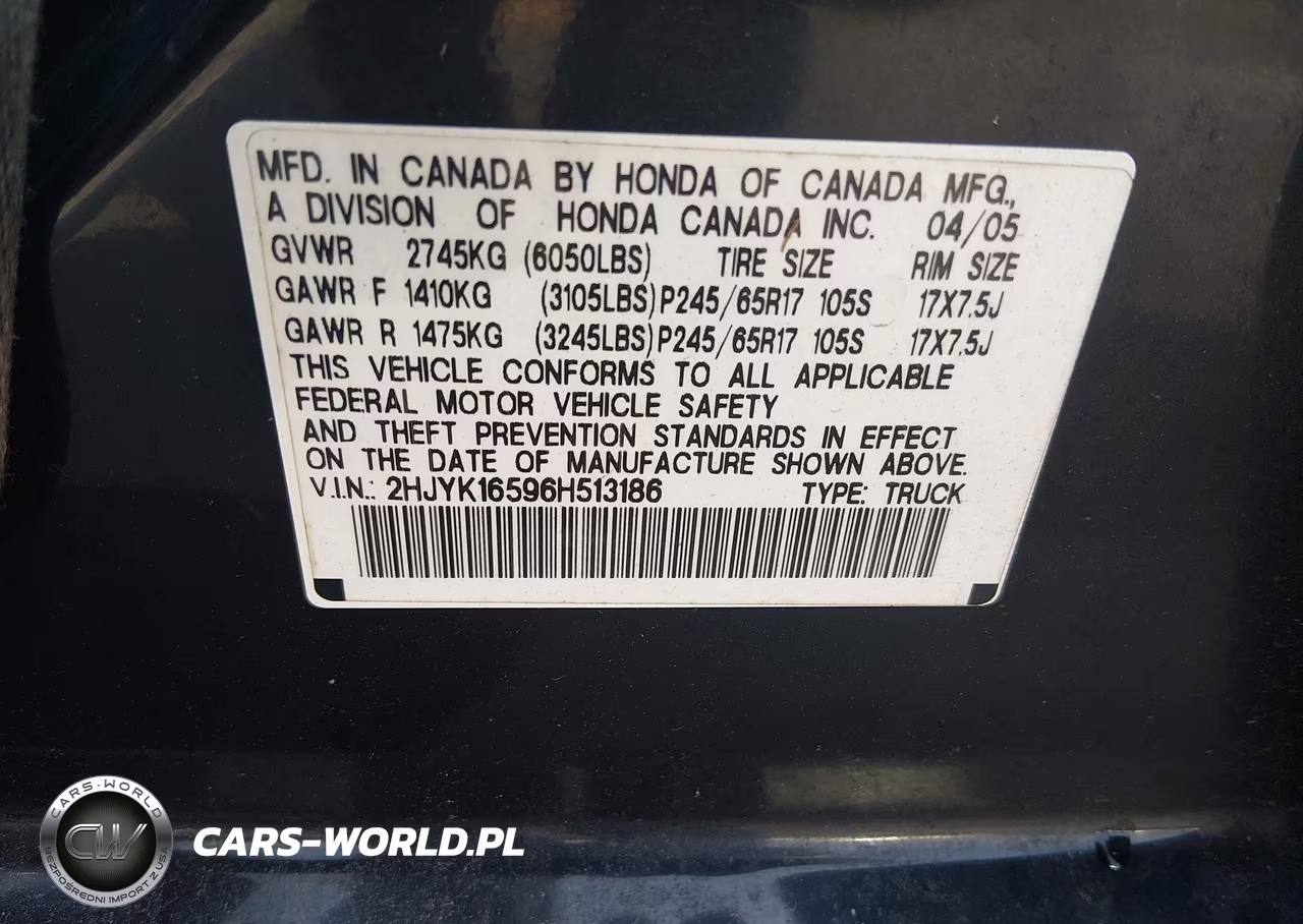 2006 Honda Ridgeline Rtl VIN:2HJYK16596H513186 - 9