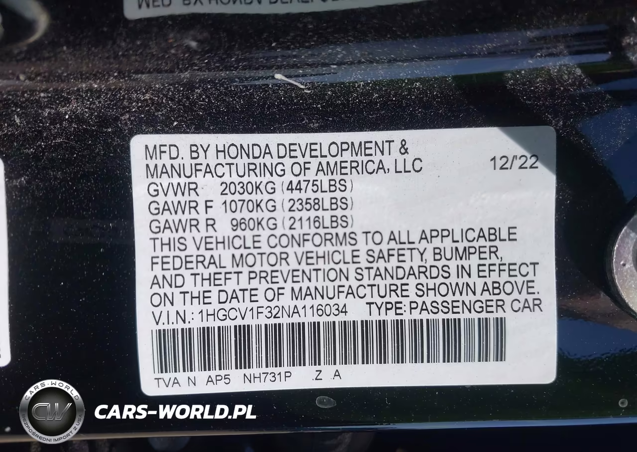2022 Honda Accord Sport VIN:1HGCV1F32NA116034 - 9