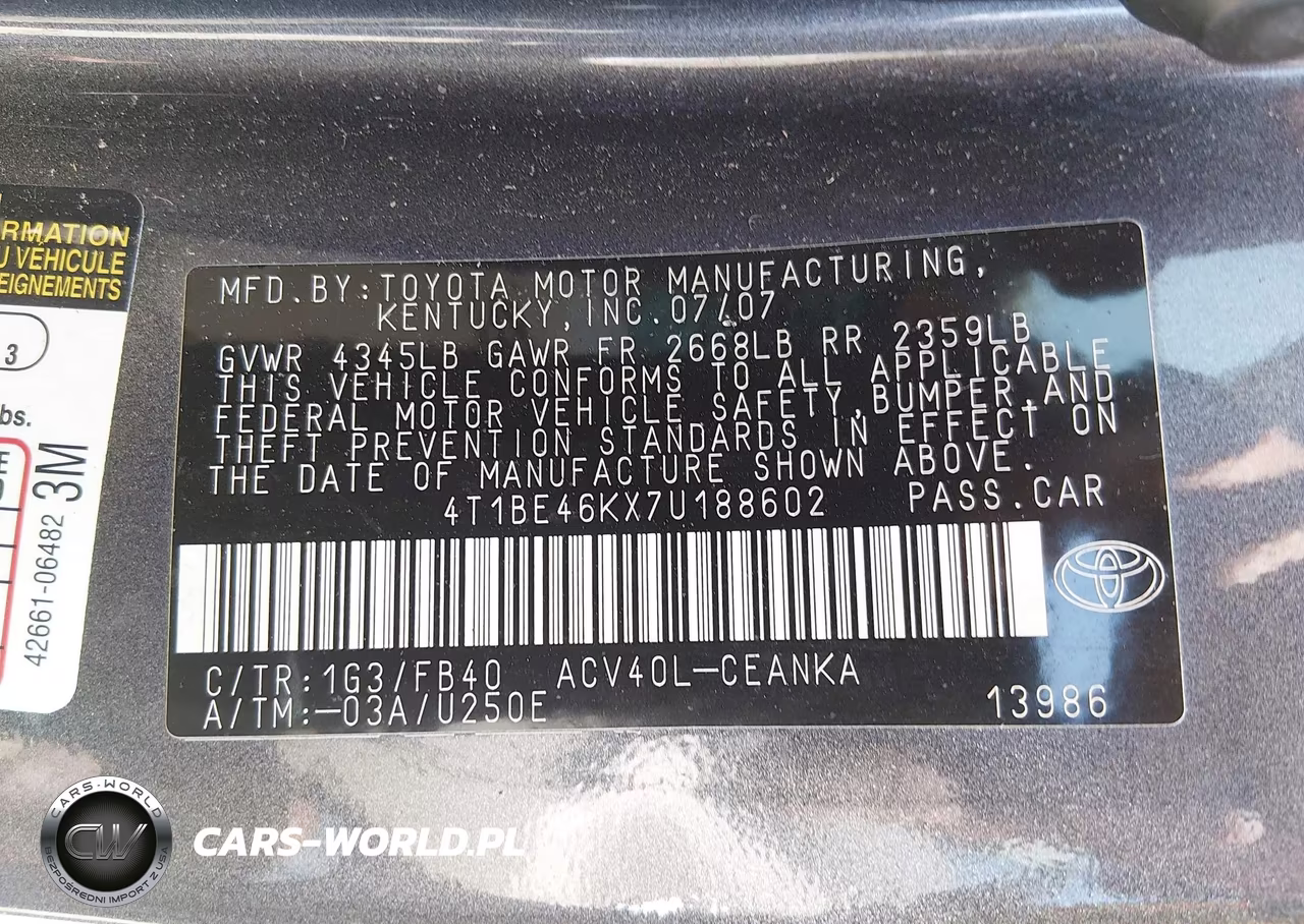 2007 Toyota Camry Le VIN:4T1BE46KX7U188602 - 9