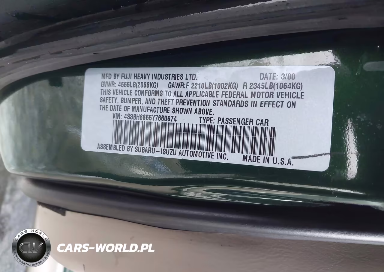 2000 Subaru Outback VIN:4S3BH6655Y7660674 - 9