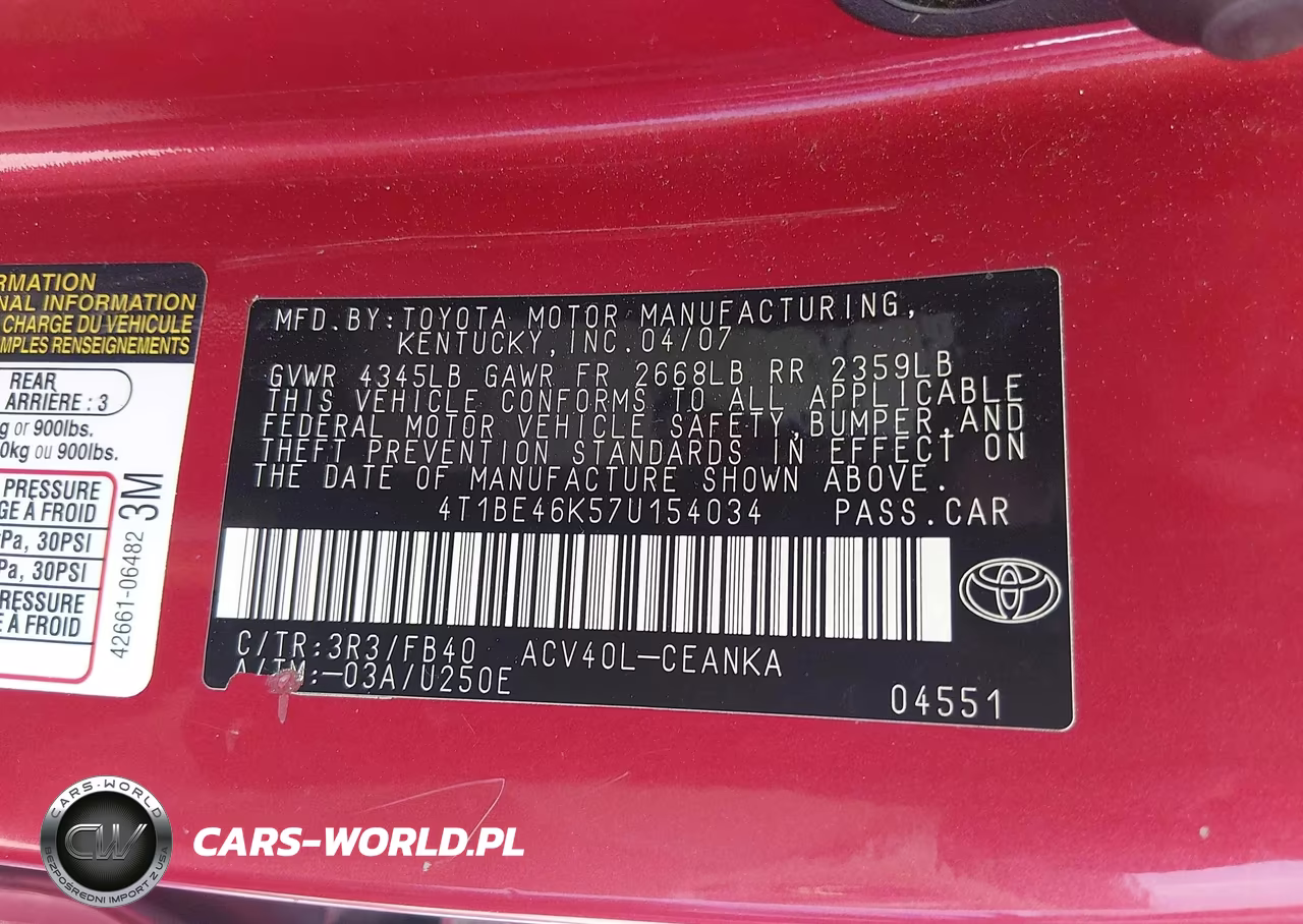 2007 Toyota Camry Le VIN:4T1BE46K57U154034 - 9