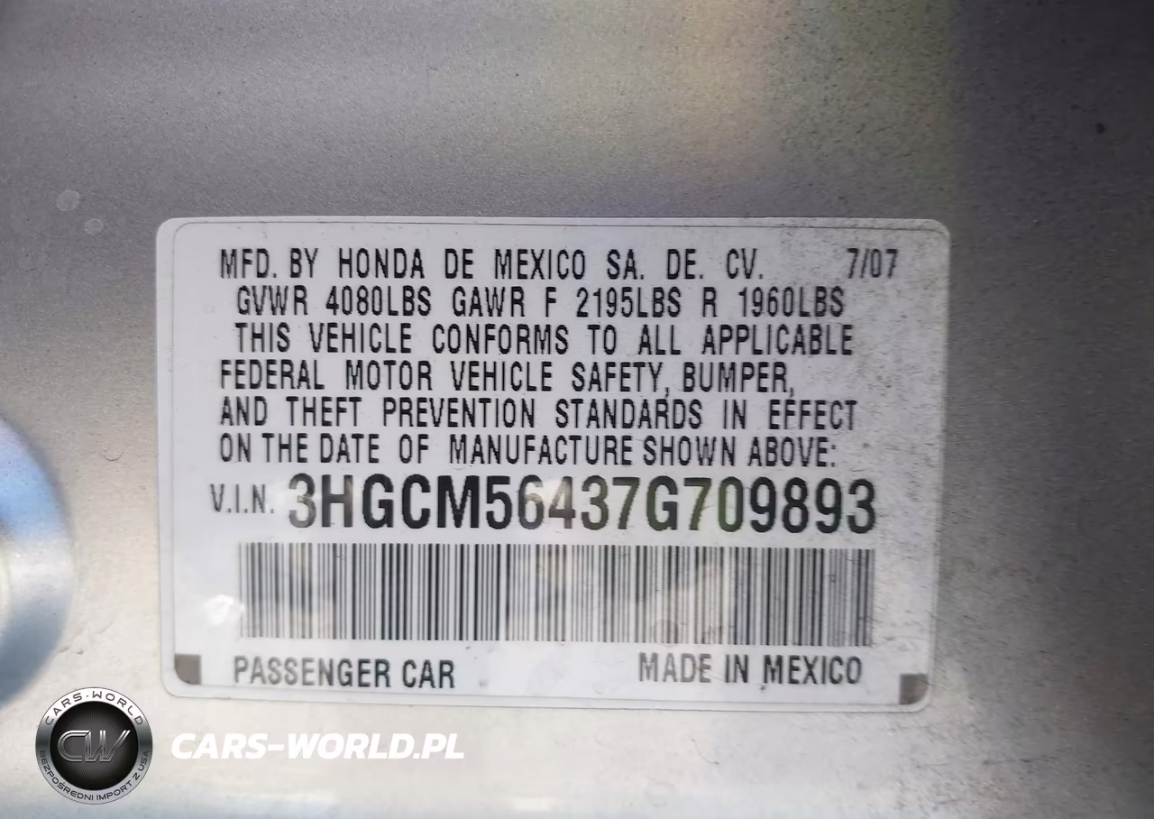 2007 Honda Accord 2.4 Lx VIN:3HGCM56437G709893 - 9