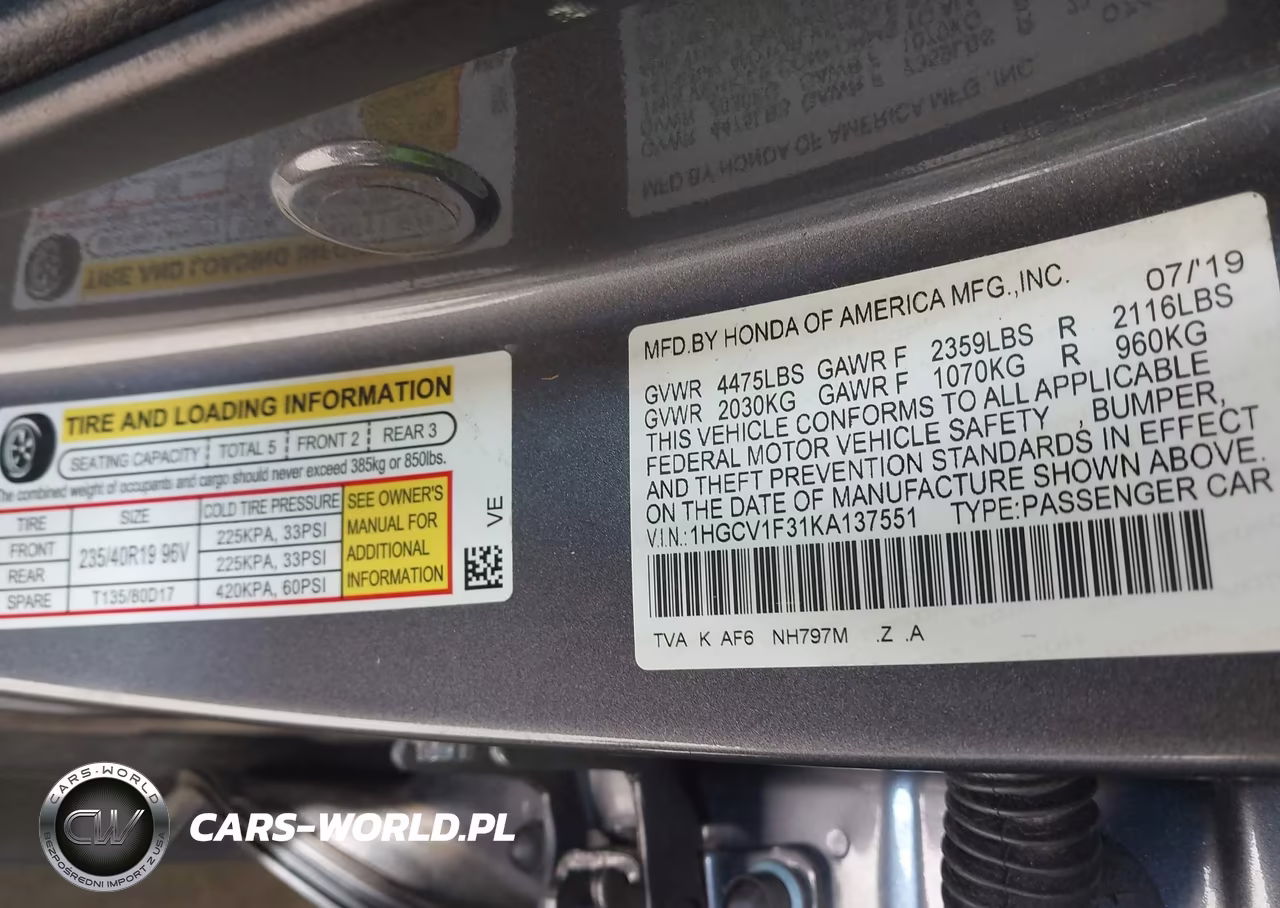 2019 Honda Accord Sport VIN:1HGCV1F31KA137551 - 9
