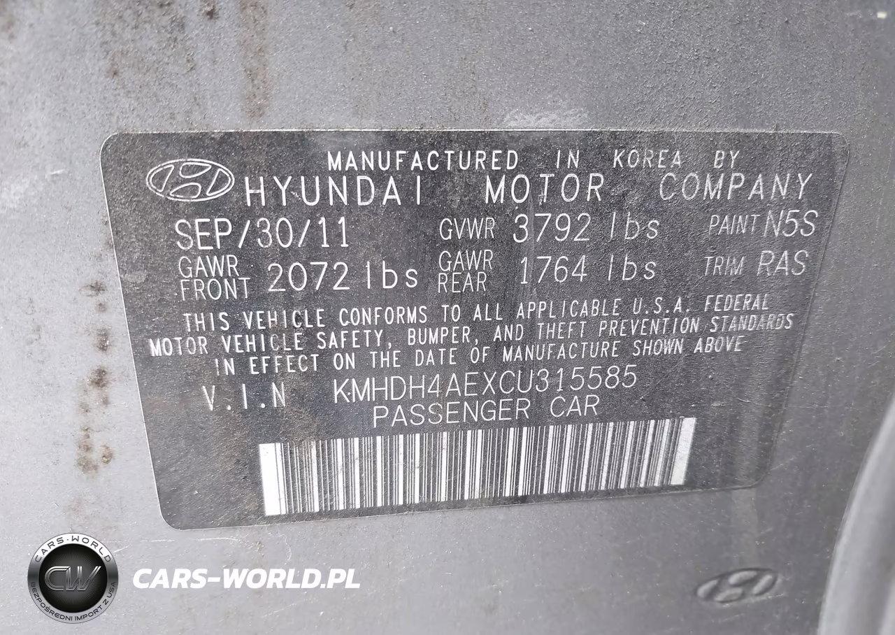2012 Hyundai Elantra Gls (Ulsan Plant) VIN:KMHDH4AEXCU315585 - 9