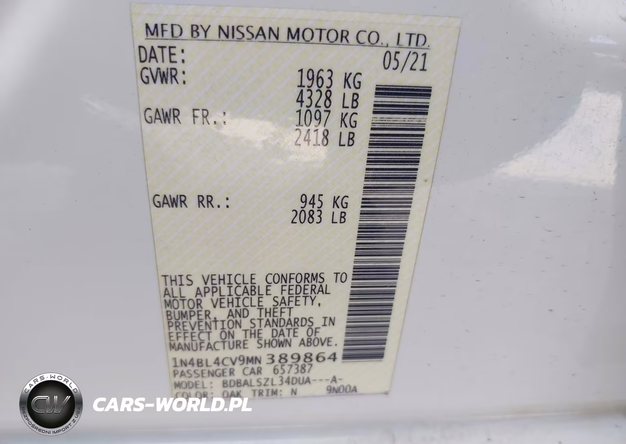 2021 Nissan Altima Sr Fwd VIN:1N4BL4CV9MN389864 - 9