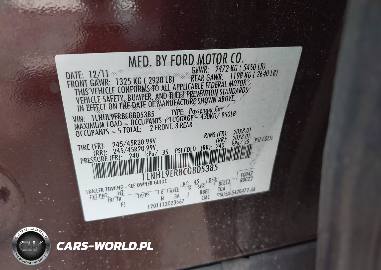 2012 Lincoln Mks VIN:1LNHL9ER8CG805385 - 9