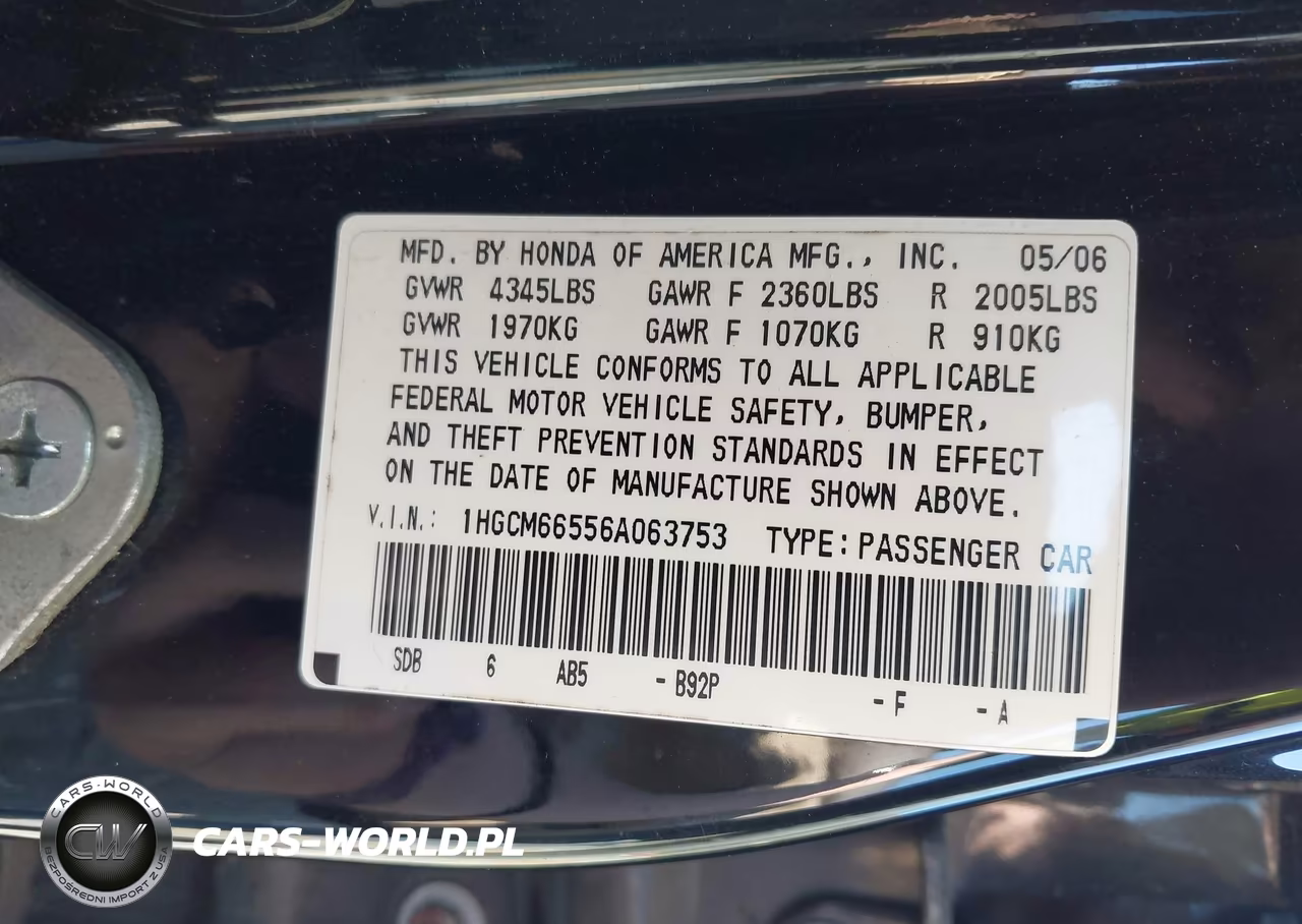 2006 Honda Accord 3.0 Ex VIN:1HGCM66556A063753 - 9