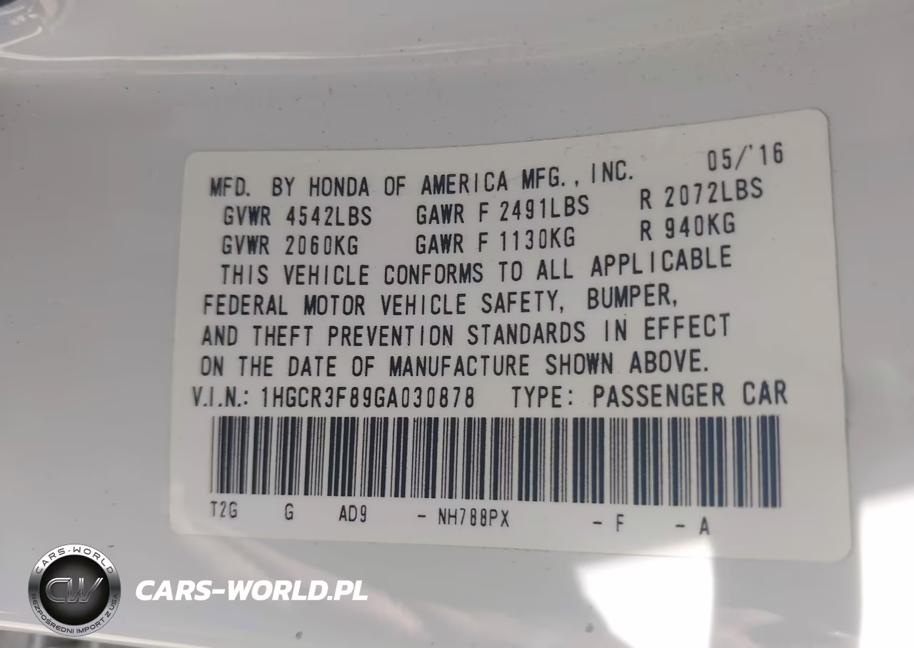2016 Honda Accord Ex-L V-6 VIN:1HGCR3F89GA030878 - 9