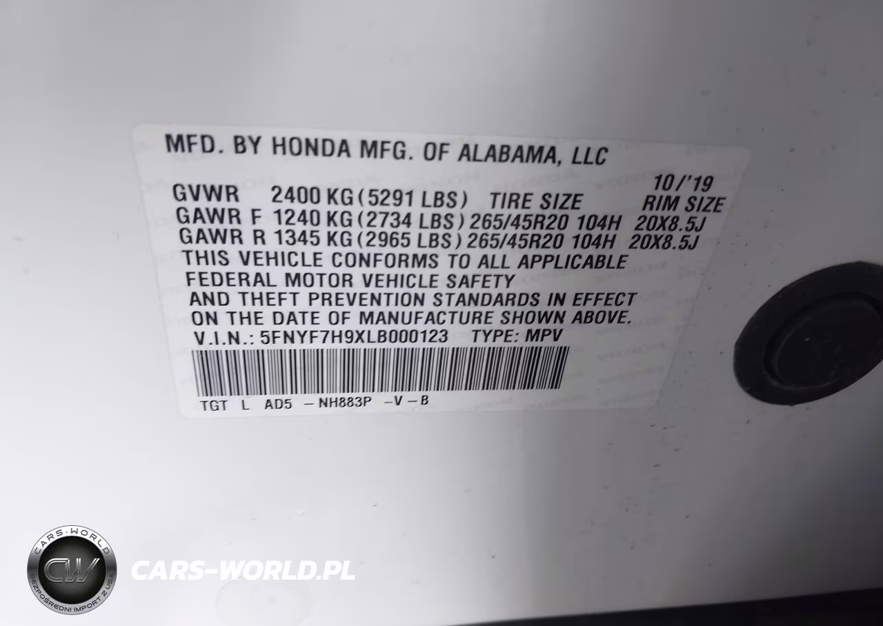 2020 Honda Passport 2Wd Touring VIN:5FNYF7H9XLB000123 - 9