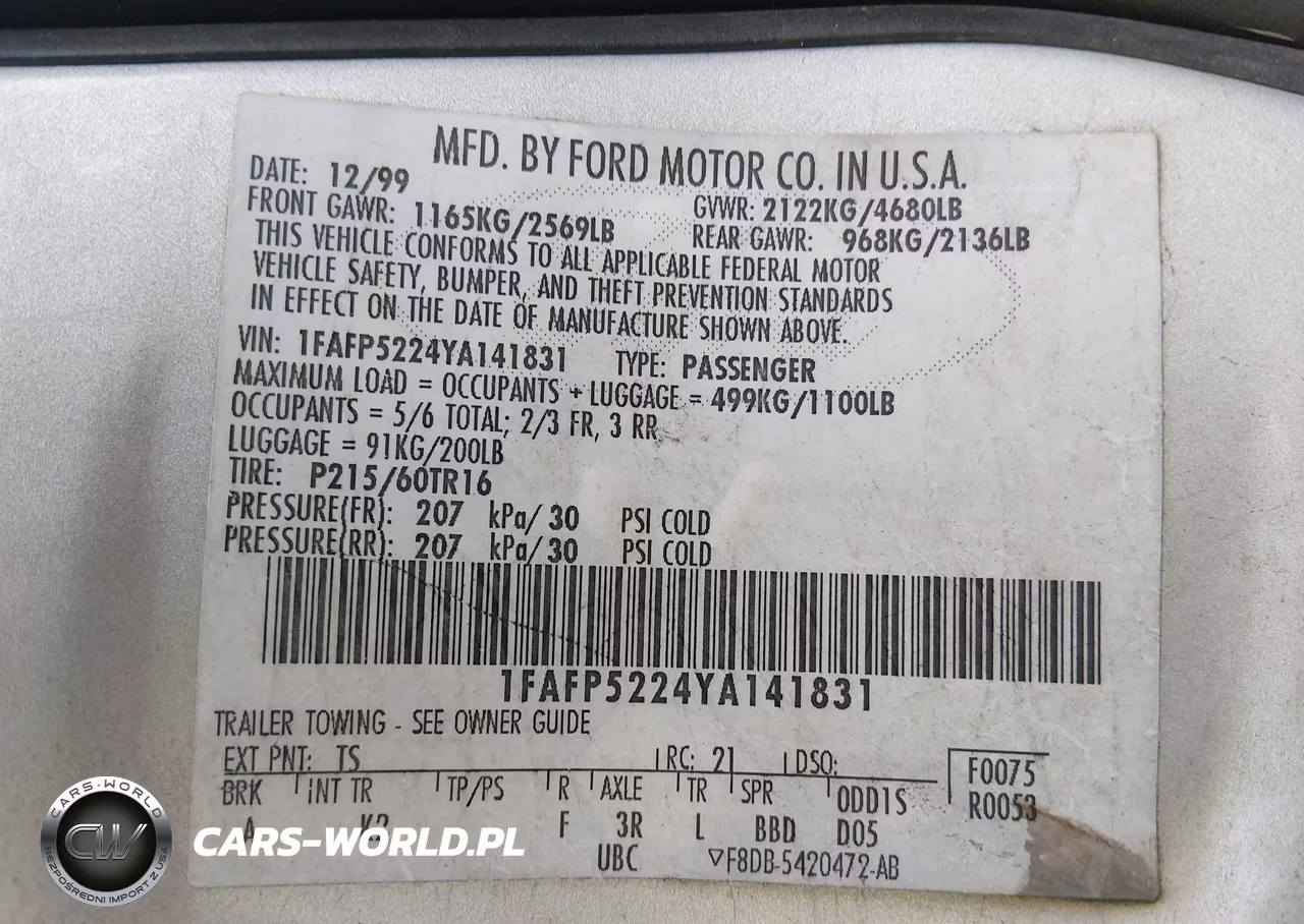 2000 Ford Taurus Lx VIN:1FAFP5224YA141831 - 9