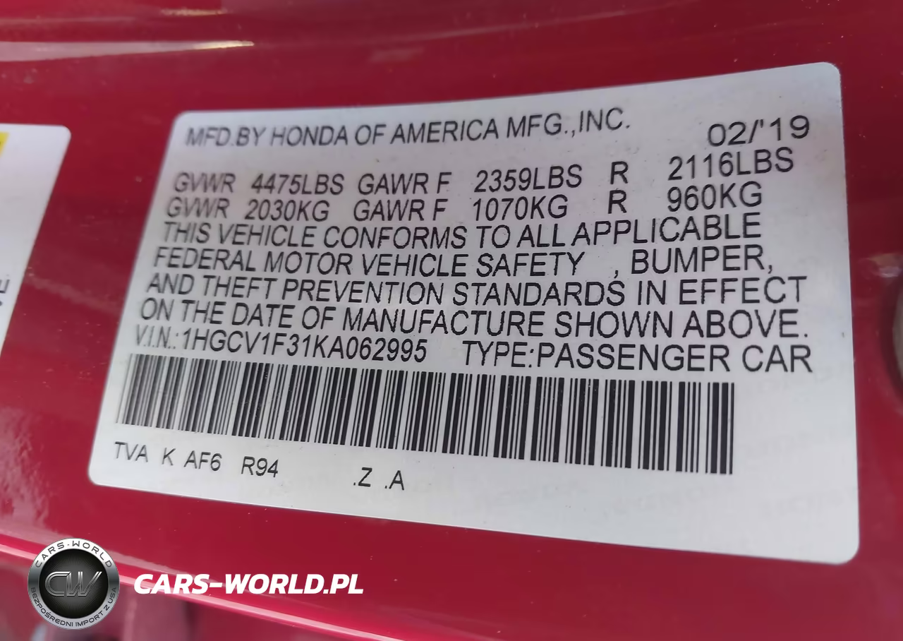 2019 Honda Accord Sport VIN:1HGCV1F31KA062995 - 9