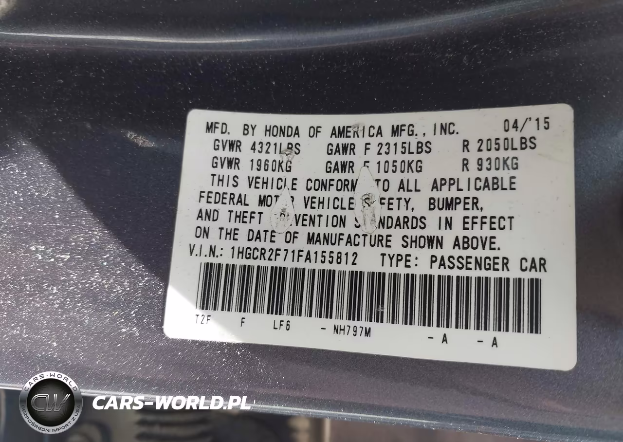 2015 Honda Accord Ex VIN:1HGCR2F71FA155812 - 9