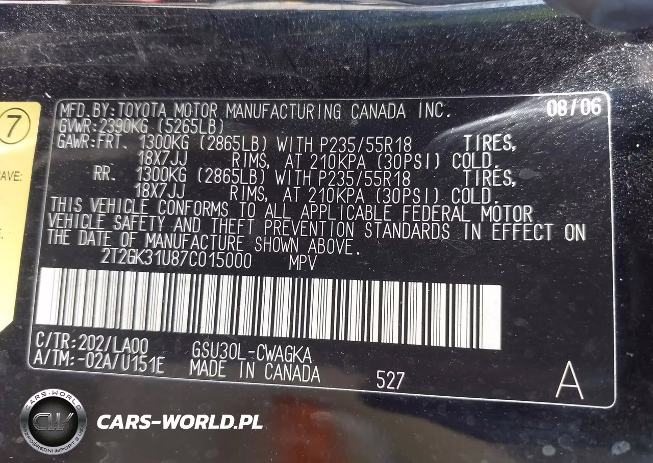 2007 Lexus Rx 350 VIN:2T2GK31U87C015000 - 9