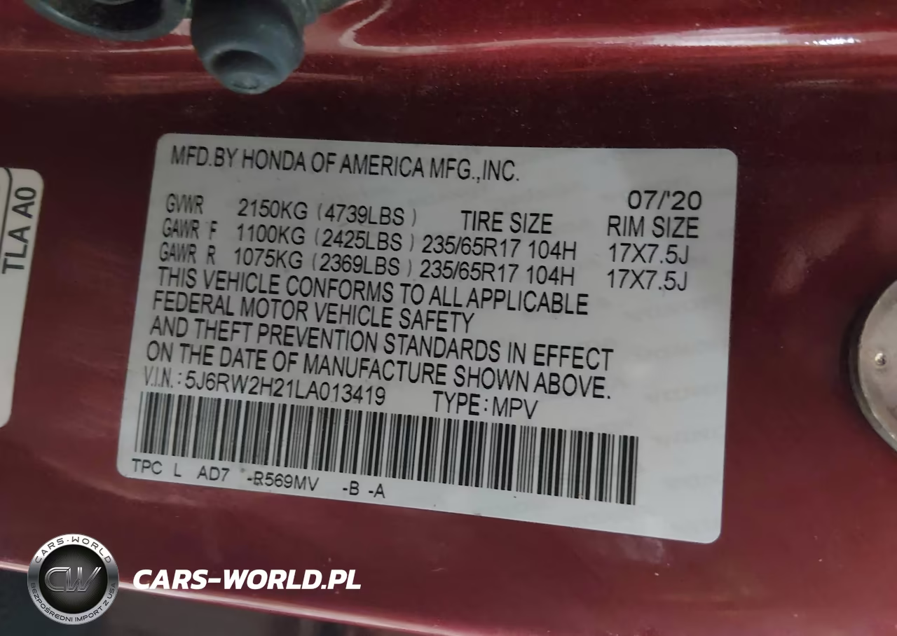 2020 Honda Cr-V Awd Lx VIN:5J6RW2H21LA013419 - 9