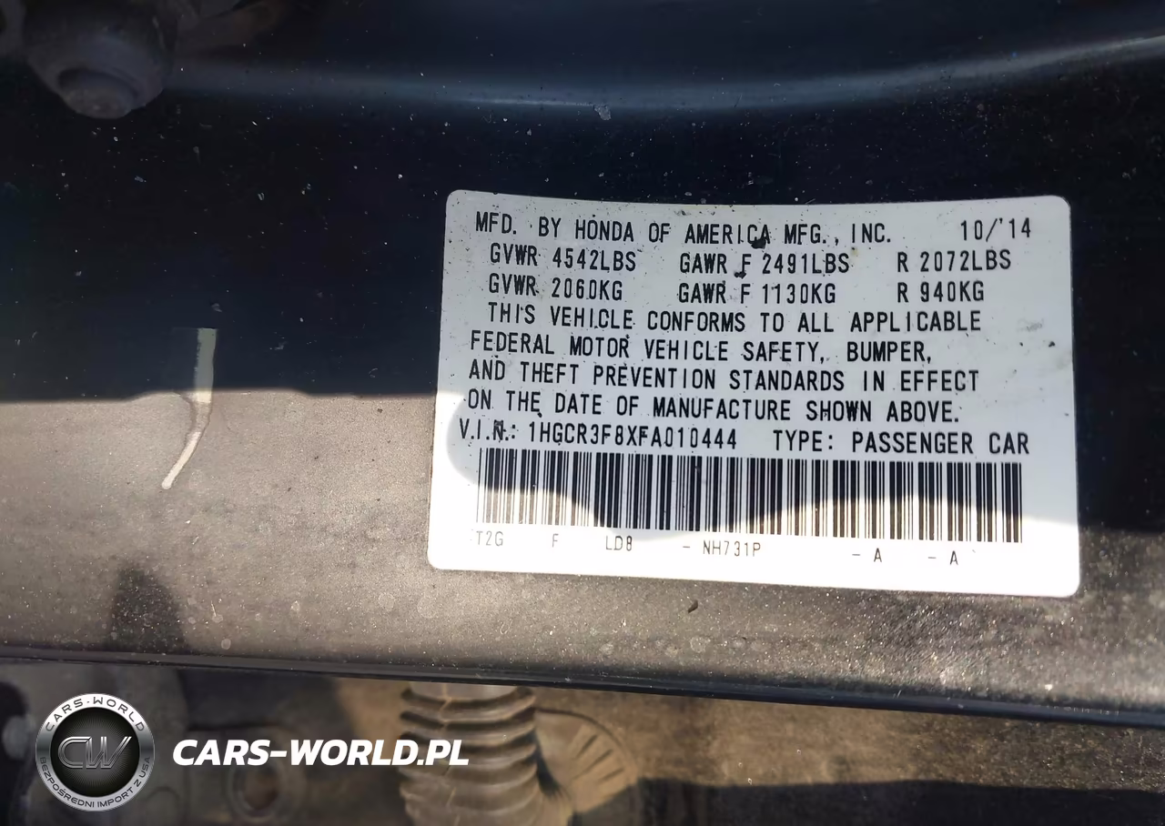 2015 Honda Accord Ex-L V-6 VIN:1HGCR3F8XFA010444 - 9