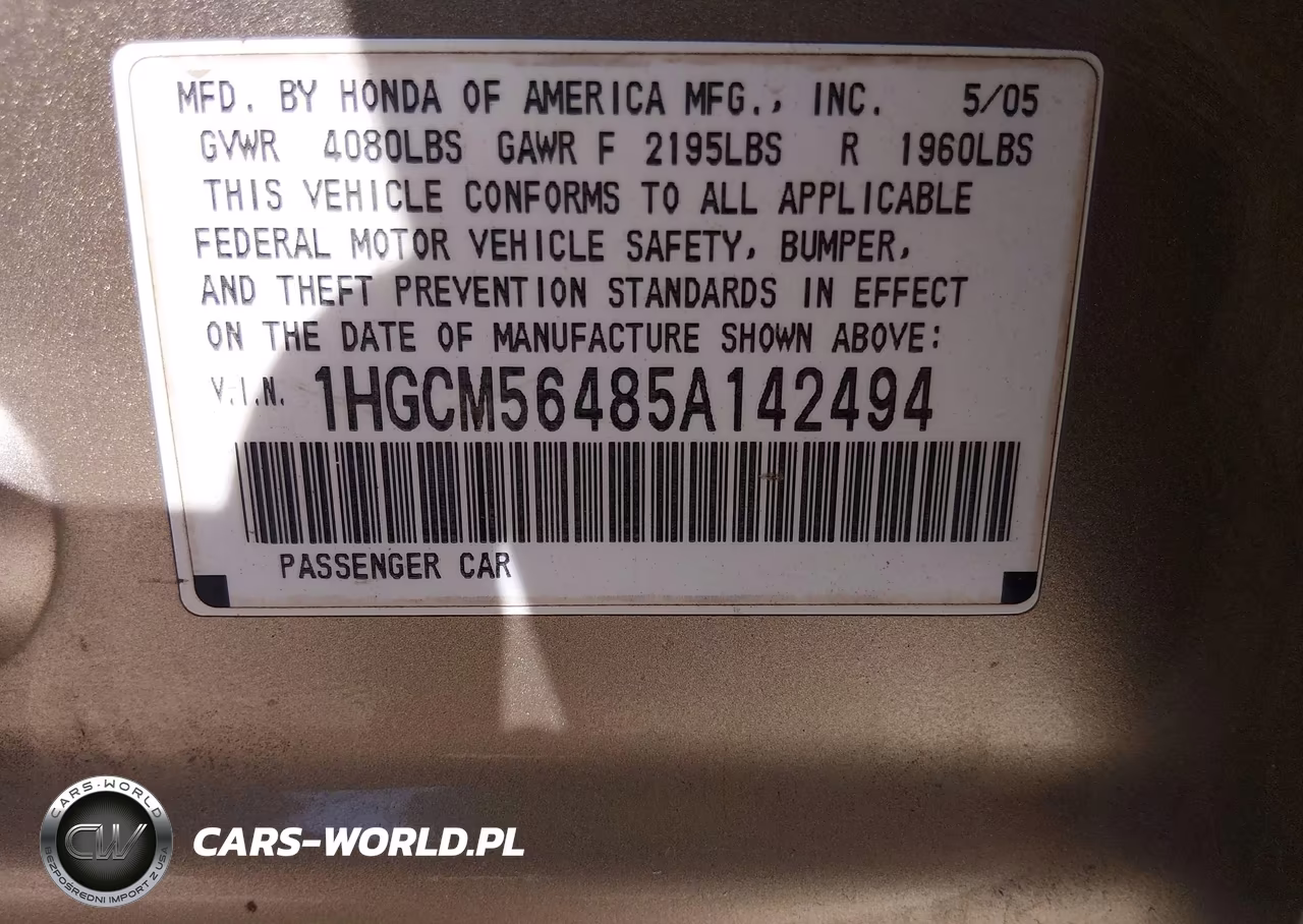 2005 Honda Accord 2.4 Lx VIN:1HGCM56485A142494 - 9