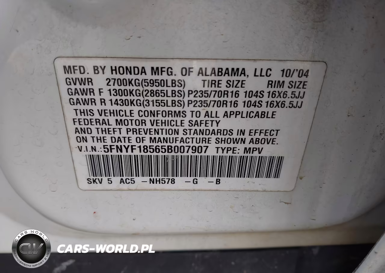 2005 Honda Pilot Ex-L VIN:5FNYF18565B007907 - 9