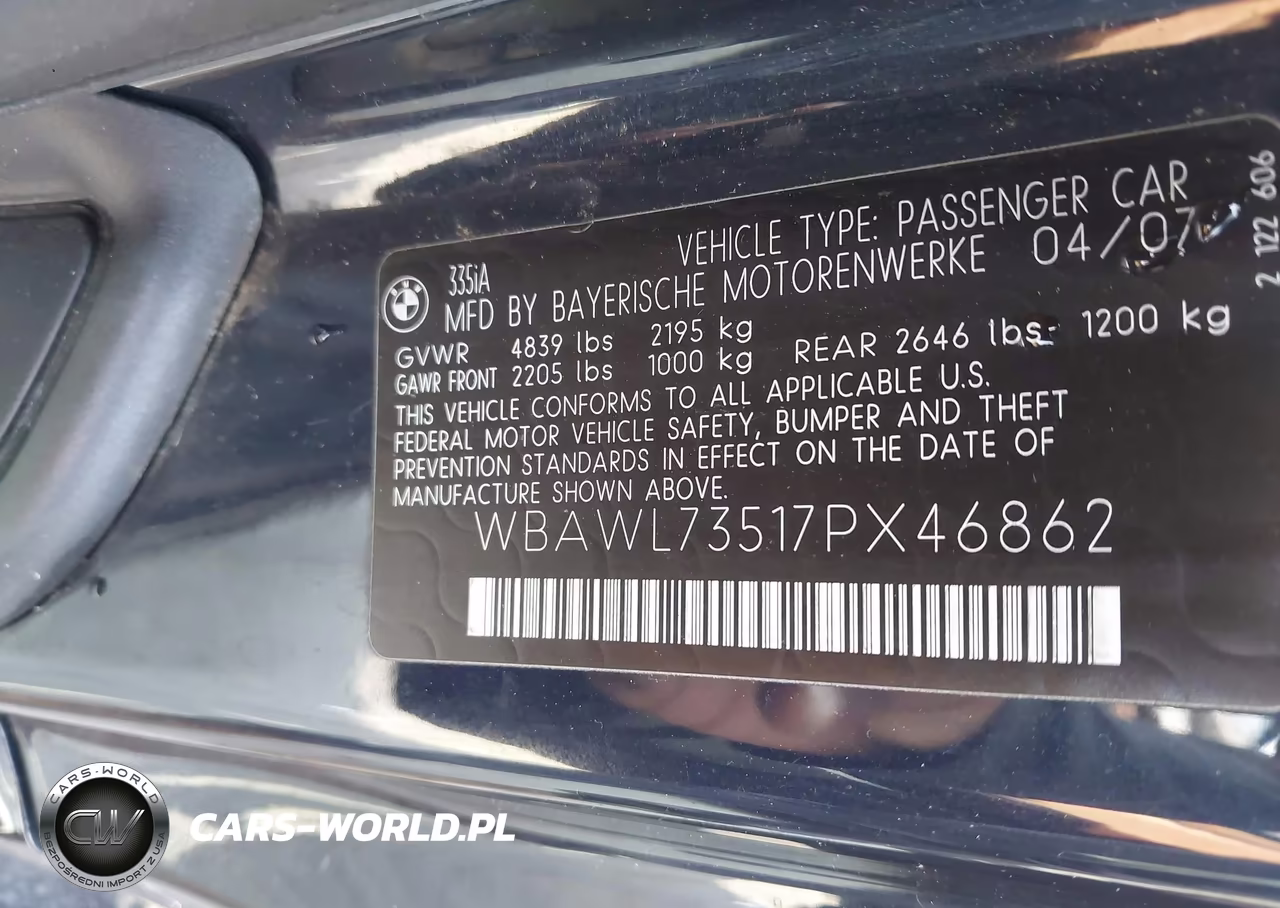 2007 BMW 335I VIN:WBAWL73517PX46862 - 9