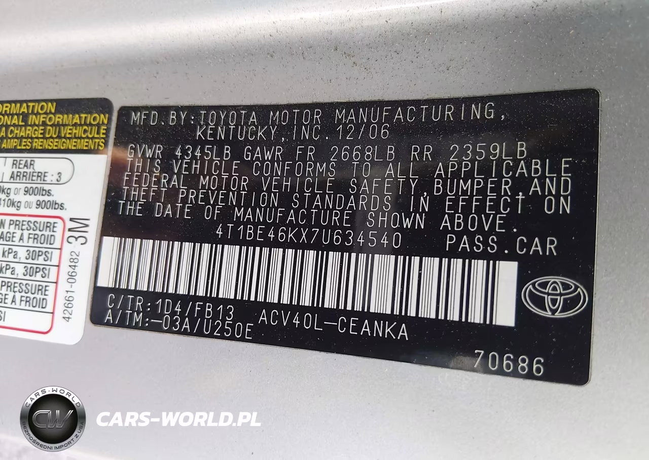 2007 Toyota Camry Le VIN:4T1BE46KX7U634540 - 9