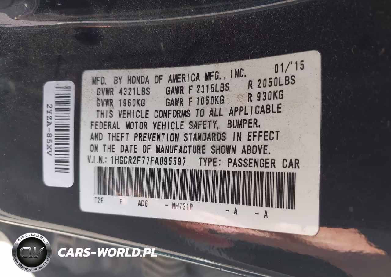 2015 Honda Accord Ex VIN:1HGCR2F77FA095597 - 9