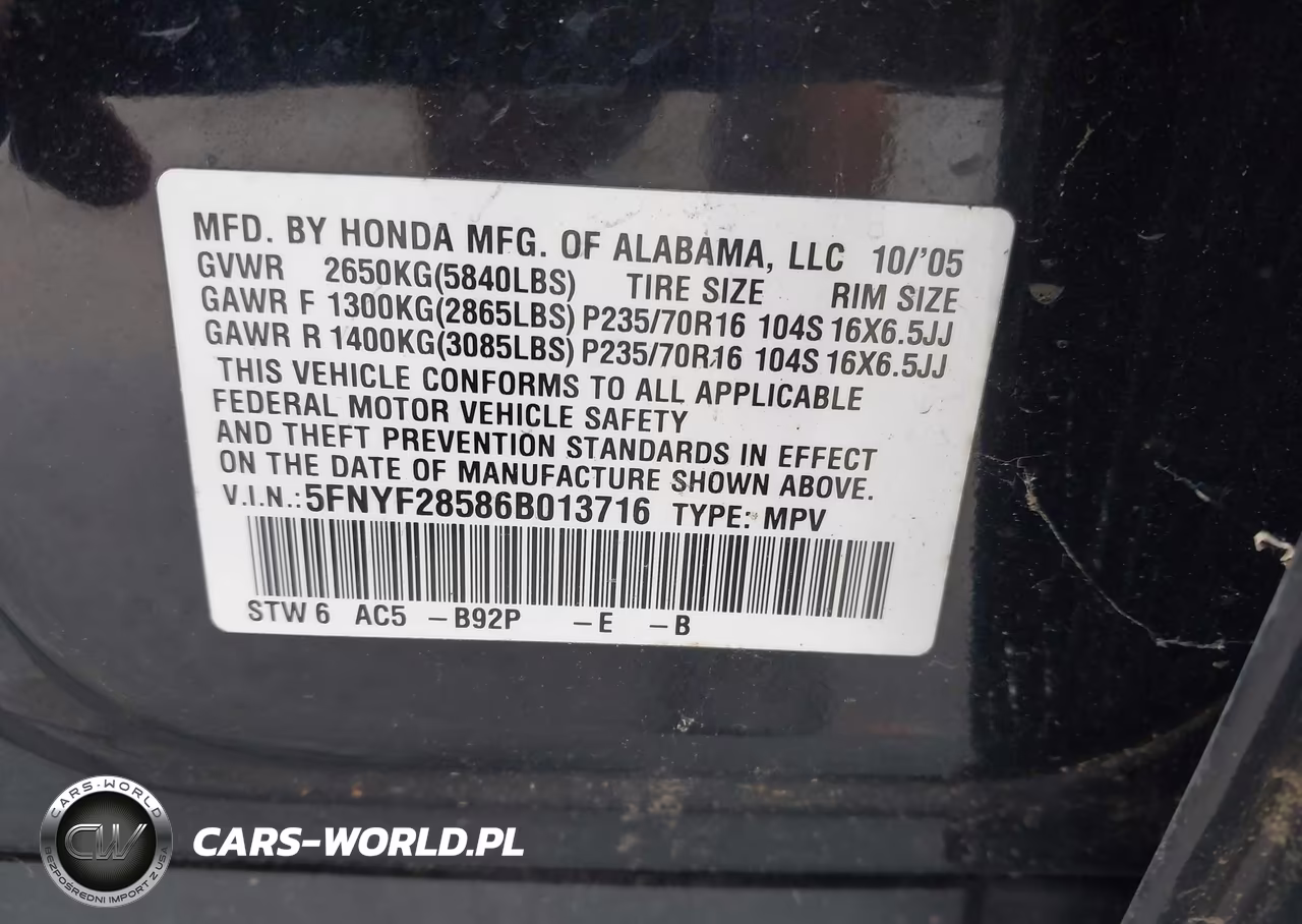 2006 Honda Pilot Ex-L VIN:5FNYF28586B013716 - 9