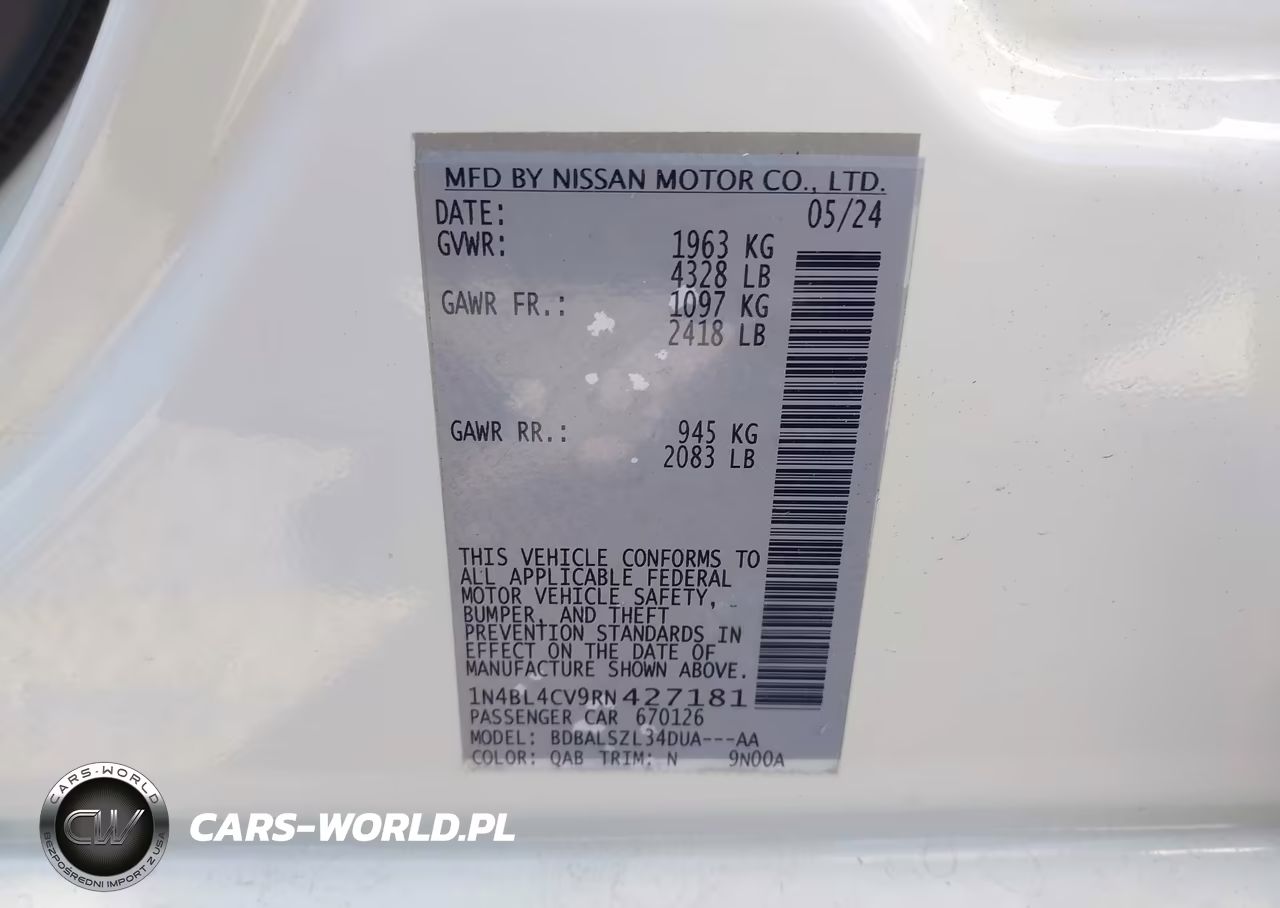 2024 Nissan Altima Sr Fwd VIN:1N4BL4CV9RN427181 - 9