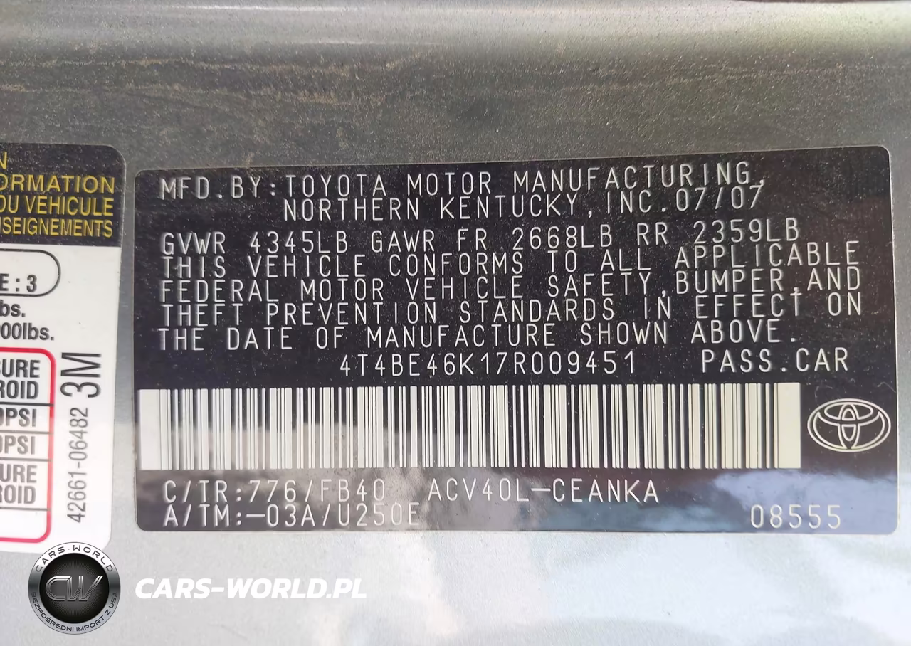 2007 Toyota Camry Le VIN:4T4BE46K17R009451 - 9
