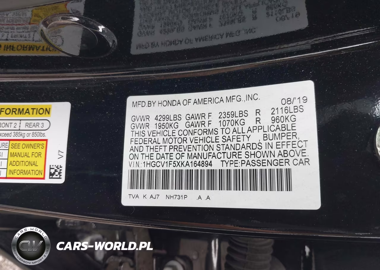 2019 Honda Accord Ex-L VIN:1HGCV1F5XKA164894 - 9