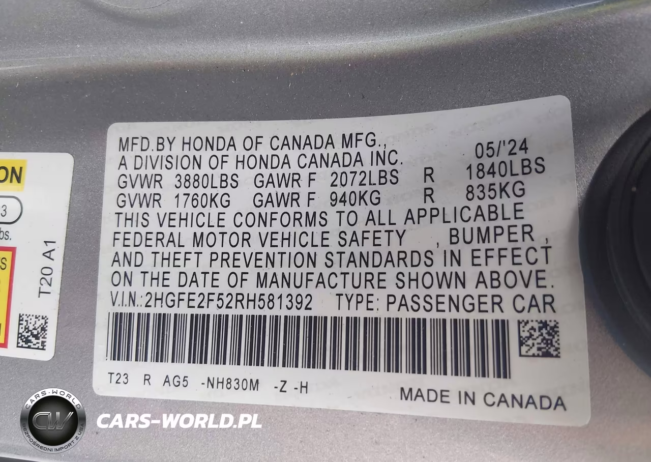 2024 Honda Civic Sport VIN:2HGFE2F52RH581392 - 9