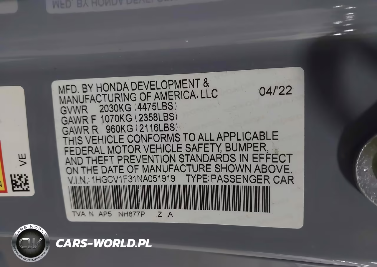 2022 Honda Accord Sport VIN:1HGCV1F31NA051919 - 9