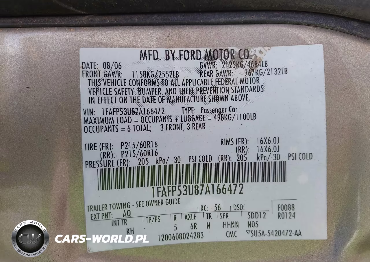 2007 Ford Taurus Se VIN:1FAFP53U87A166472 - 9