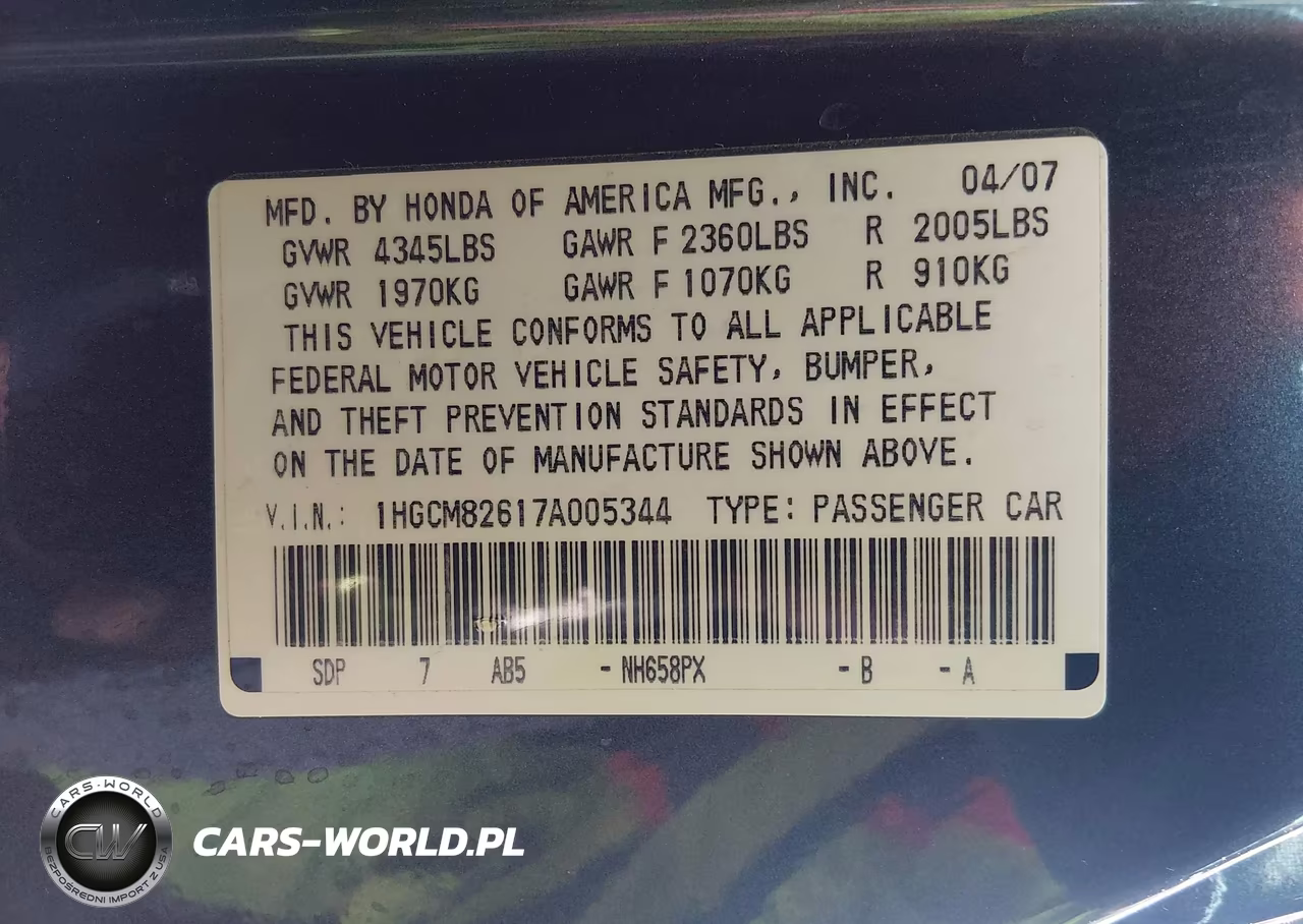 2007 Honda Accord 3.0 Ex VIN:1HGCM82617A005344 - 9