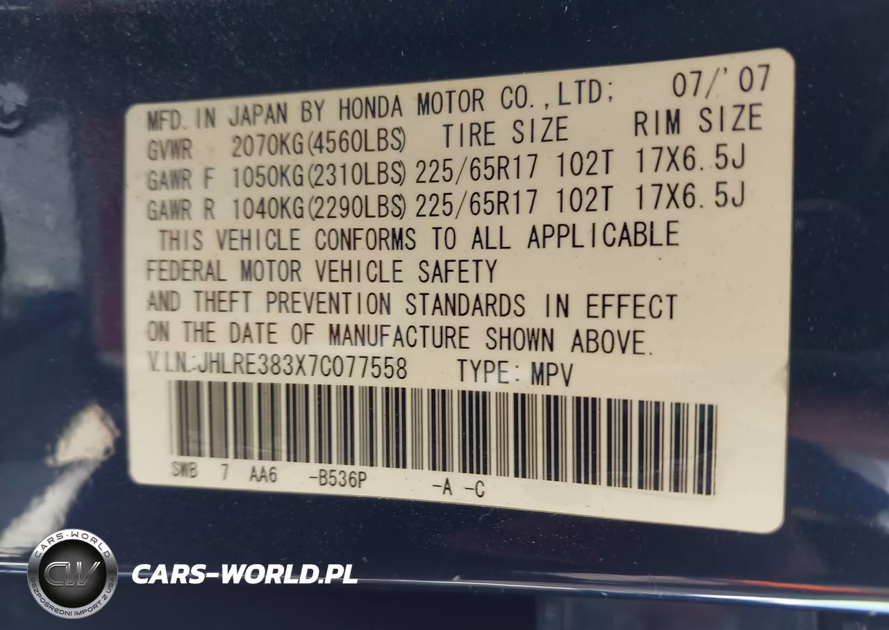 2007 Honda Cr-V Lx VIN:JHLRE383X7C077558 - 9