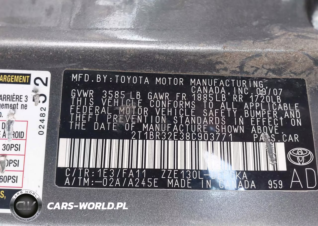 2008 Toyota Corolla Ce VIN:2T1BR32E38C903771 - 9