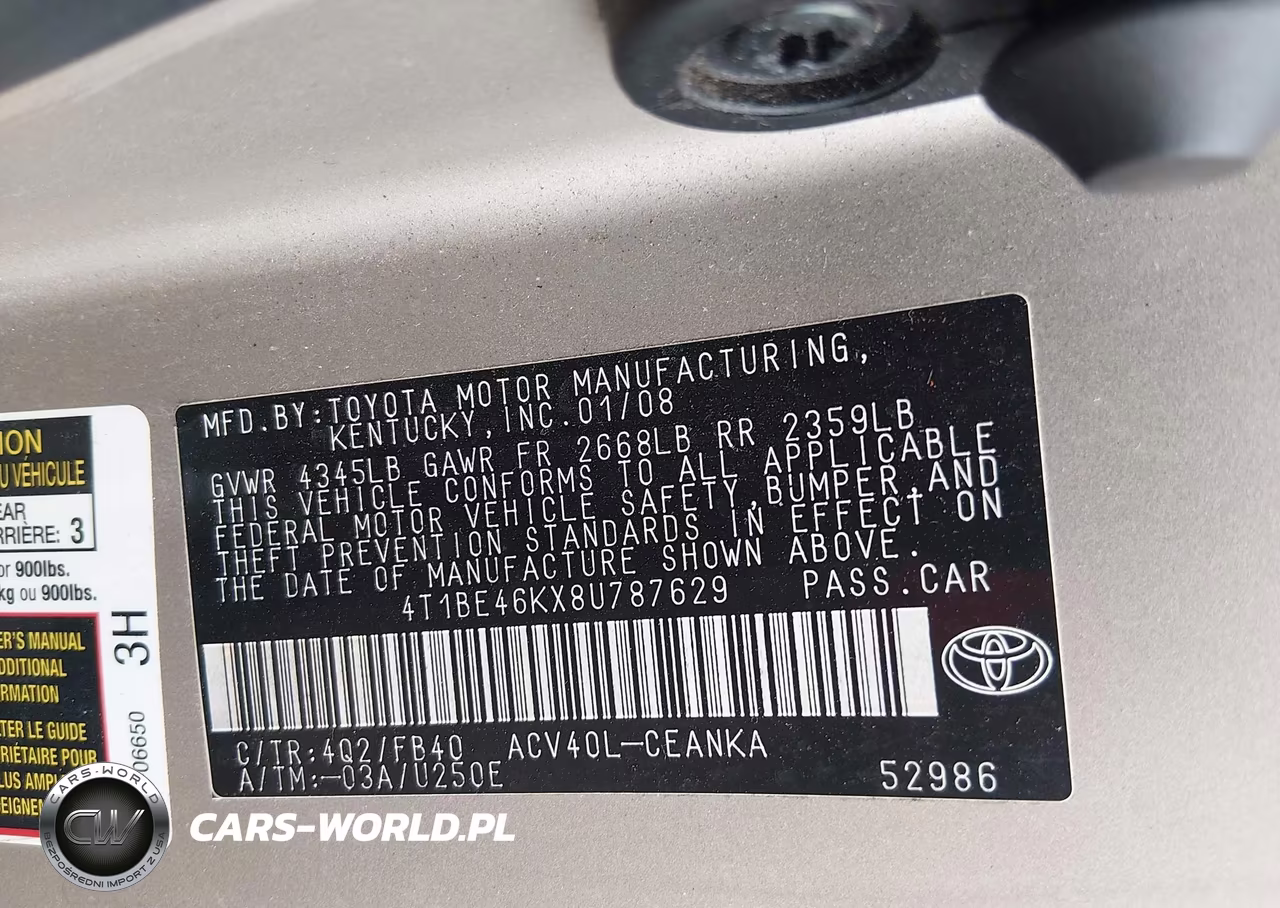 2008 Toyota Camry Le VIN:4T1BE46KX8U787629 - 9