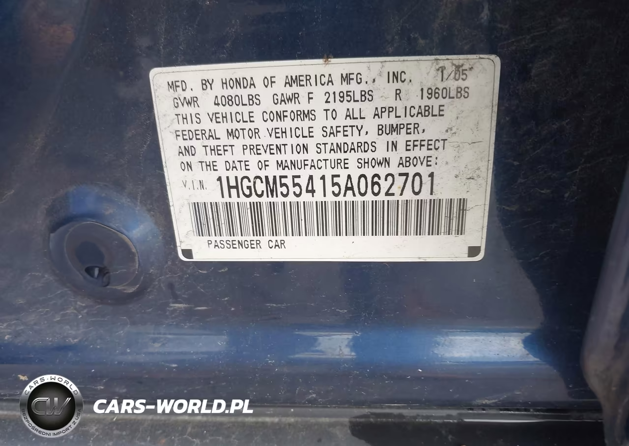 2005 Honda Accord 2.4 Lx VIN:1HGCM55415A062701 - 9