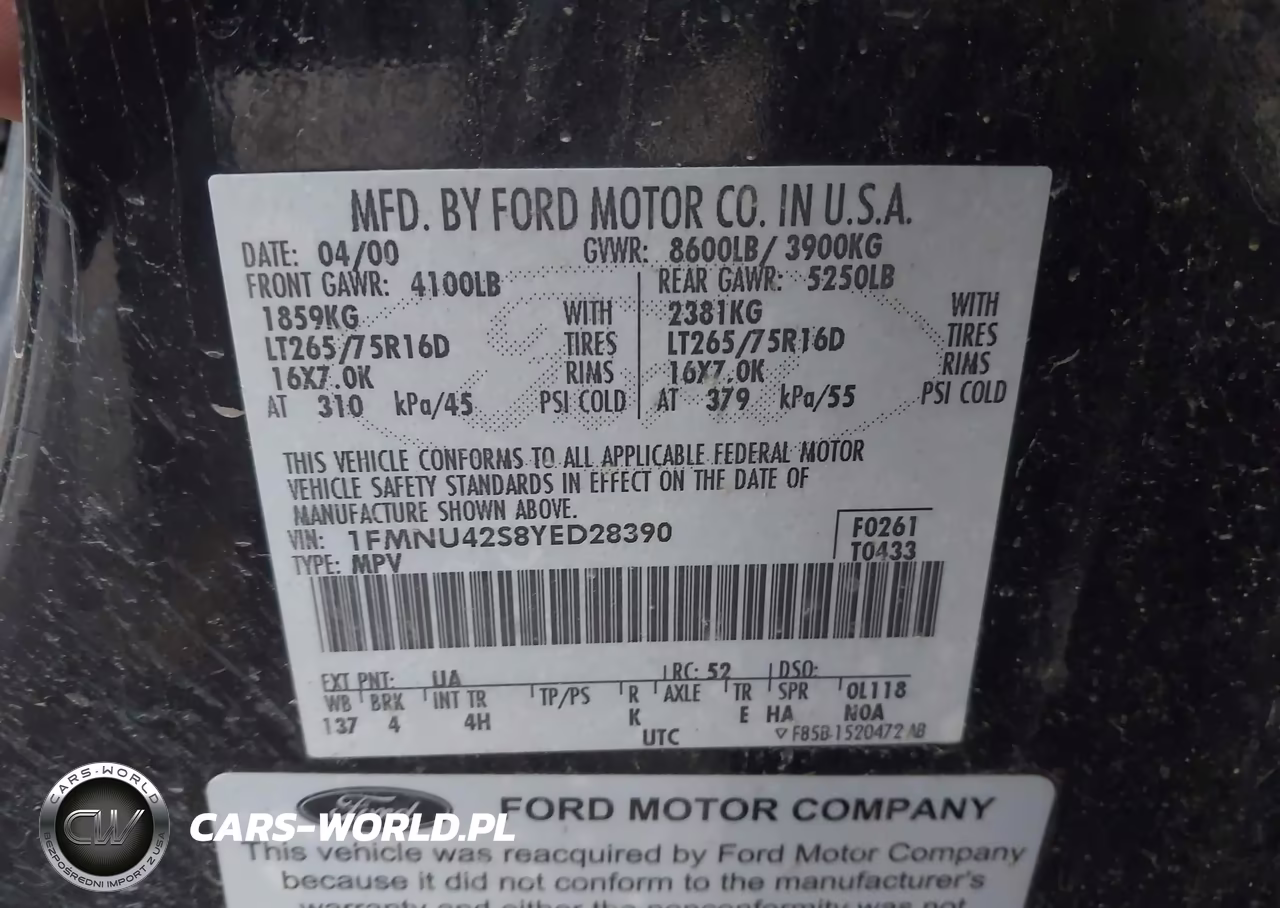 2000 Ford Excursion Limited VIN:1FMNU42S8YED28390 - 9