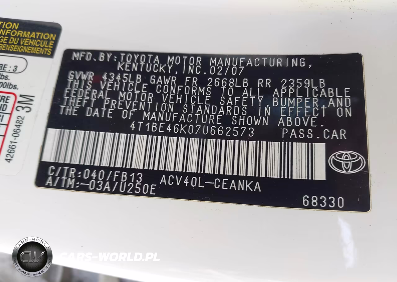 2007 Toyota Camry Le VIN:4T1BE46K07U662573 - 9
