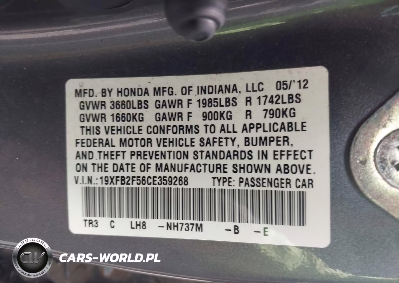 2012 Honda Civic Lx VIN:19XFB2F56CE359268 - 9