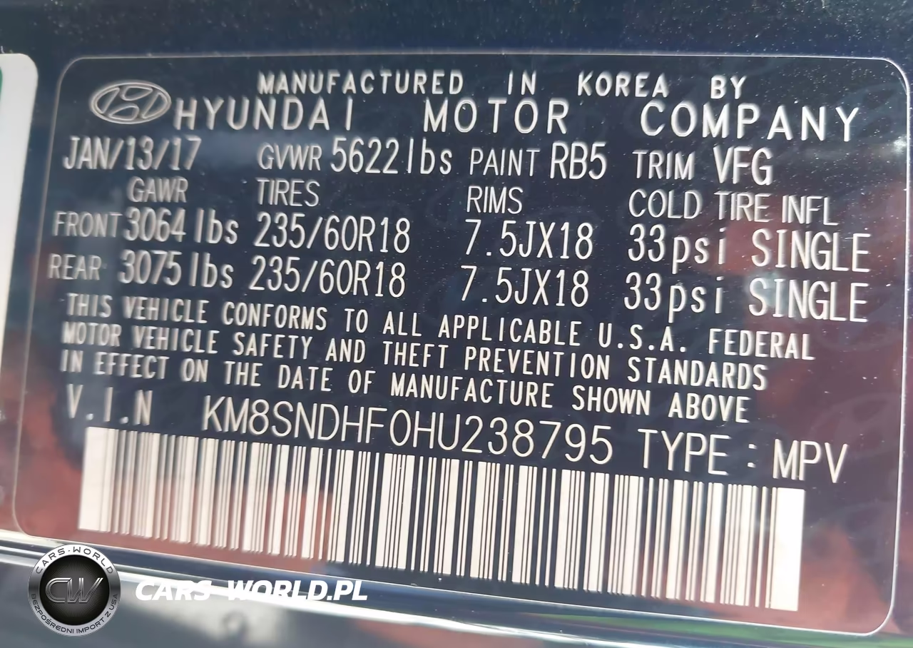 2017 Hyundai Santa Fe Se VIN:KM8SNDHF0HU238795 - 9