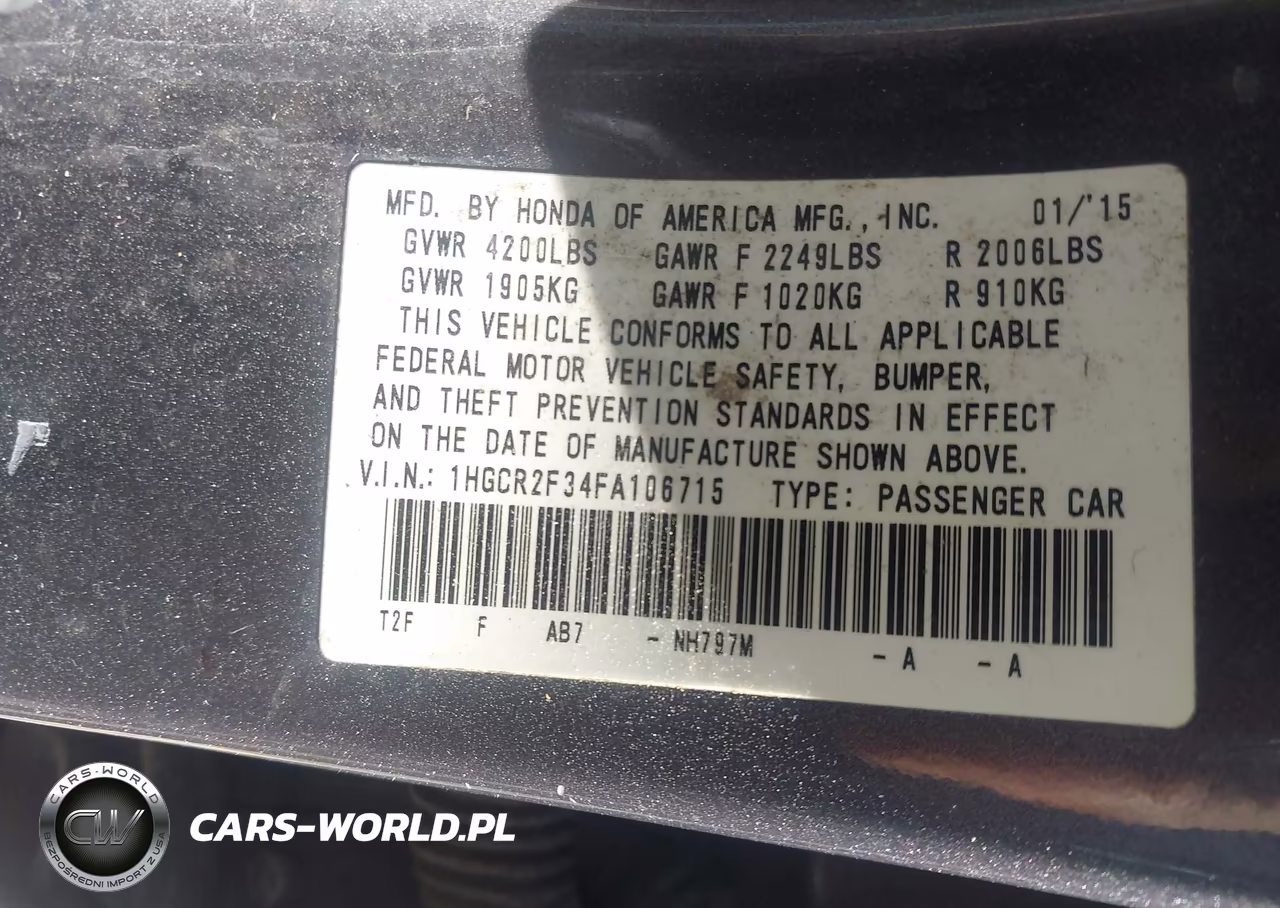 2015 Honda Accord Lx VIN:1HGCR2F34FA106715 - 9