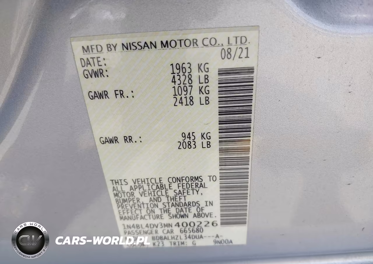2021 Nissan Altima Sv Fwd VIN:1N4BL4DV3MN400226 - 9