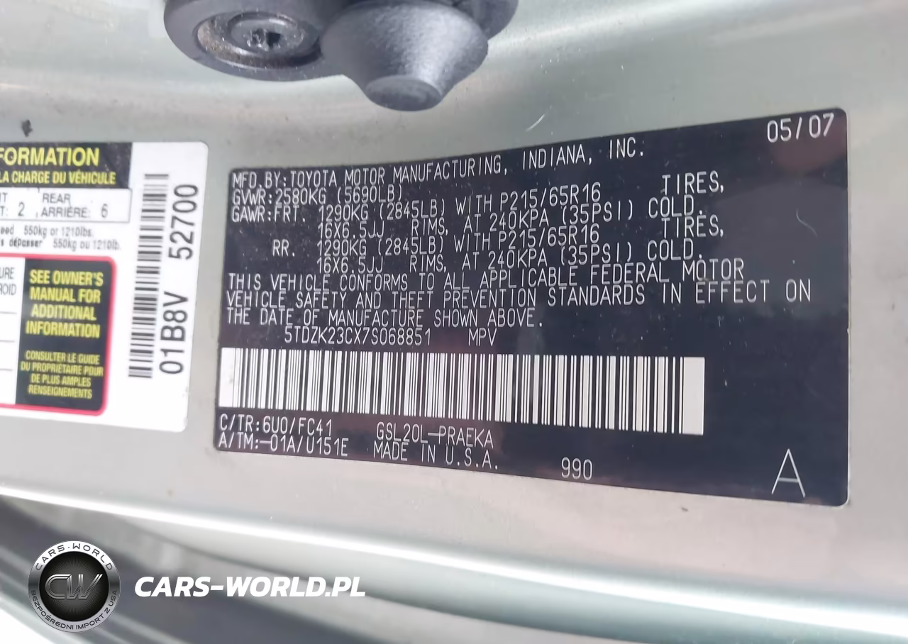 2007 Toyota Sienna Le VIN:5TDZK23CX7S068851 - 9