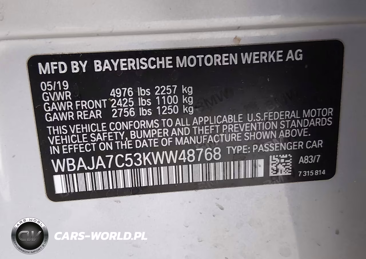 2019 BMW 5 Series 530I xDrive VIN:WBAJA7C53KWW48768 - 9
