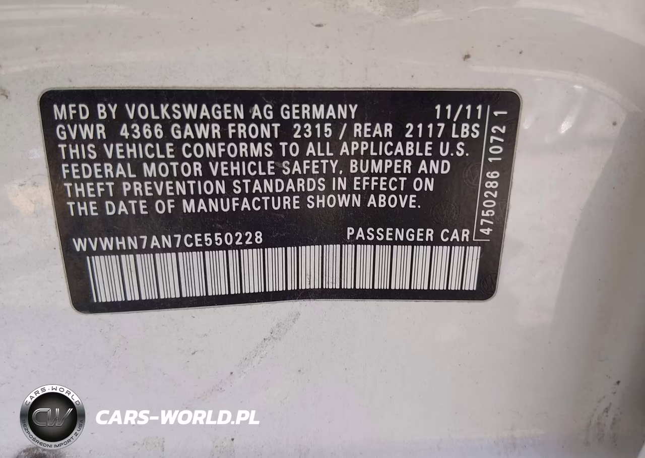 2012 Volkswagen Cc Luxury VIN:WVWHN7AN7CE550228 - 9